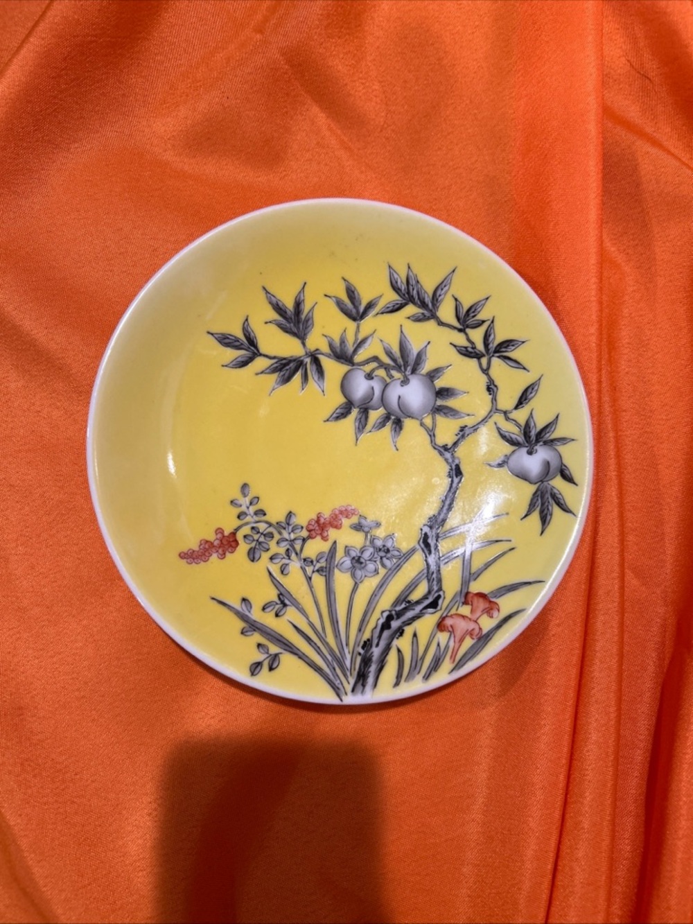 Yellow Floral Decorative Plate with Hand-Painted Tree Motif
